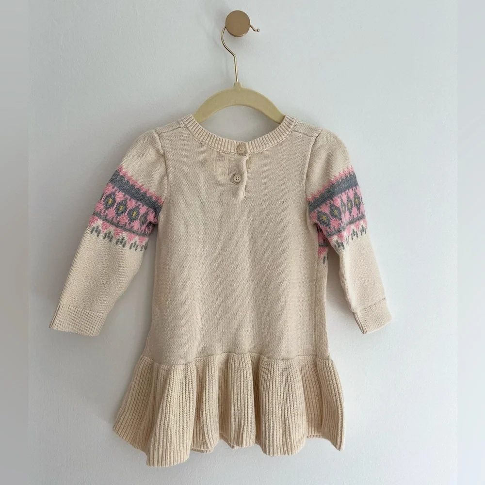 Baby GAP Fair Isle Knitted Sweater Dress Cream & Pink Patterned Size 12-18 Month